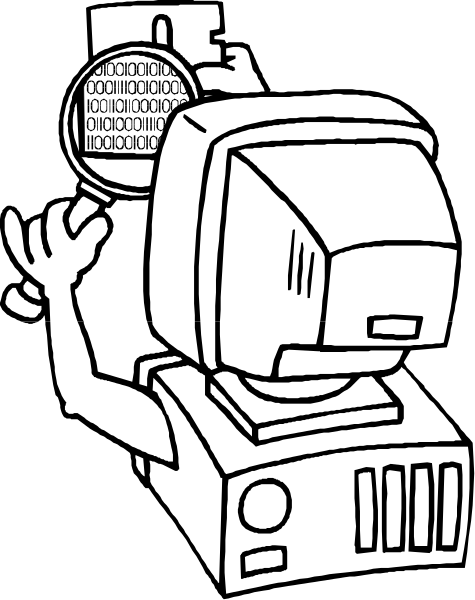 The black and white illustration shows a robot with an arm holding up what appears to be a magnifying glass over its eye, looking at binary digits on a screen that resembles a computer monitor displaying 1s and 0s; in front of it is another smaller image showing the same pattern. To the right side of this illustration stands a humanoid figure with an arm raised as if waving or greeting someone off-frame, positioned against what looks like a dark background that could be interpreted as space due to its starry appearance and lack of other objects in sight