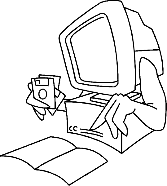 The black and white illustration shows a cartoon character sitting at an old computer with papers on its desk, holding what appears to be a camera in one hand while typing into another keyboard unit that is placed next to it.