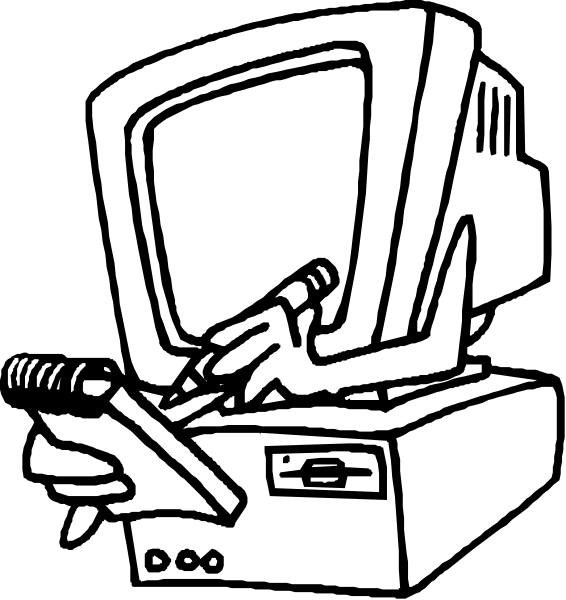 The black and white illustration shows a computer monitor with an old CRT design on top of which sits a small robot-like figure holding what appears to be a pen in its hand as if it's writing, next to another image that is not visible here.