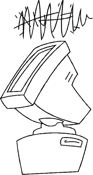 The black and white illustration shows a robot with its head turned to look at something off frame on what appears to be an assembly line background.