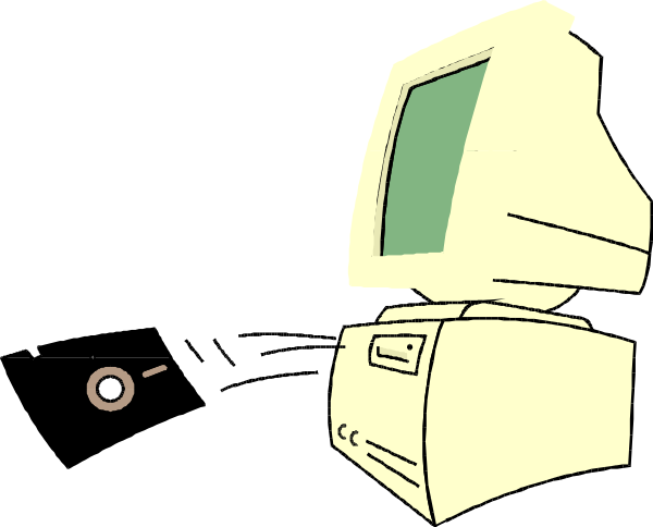 The image shows a computer monitor with an old CRT design on its screen displaying what appears to be a pixelated representation of another older model desktop computer in front of it.