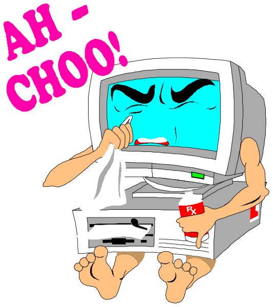 The cartoon depicts a computer monitor with an exaggerated facial expression that appears to be crying out "ahh-choo!" while holding its nose in one hand as if it's sneezing, and wiping away tears from another eye using tissue paper held by what seems like the same character.