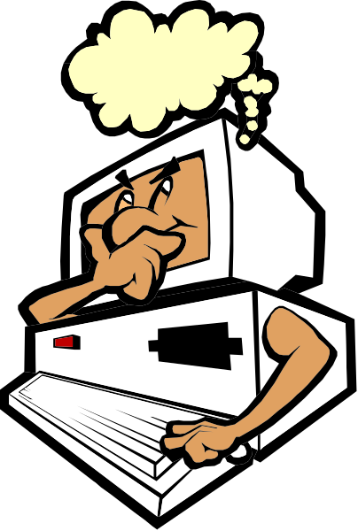 The image shows a cartoon of an old computer monitor with eyes drawn on it sitting next to what appears to be a printer that has been anthropomorphized into having arms and legs like a humanoid figure, suggesting creativity or imagination in technology design.