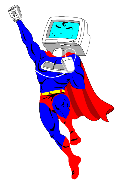 The image shows a cartoon of Superman holding an old computer monitor with his right hand while flying through space on Earth's atmosphere in front of him is a black background.