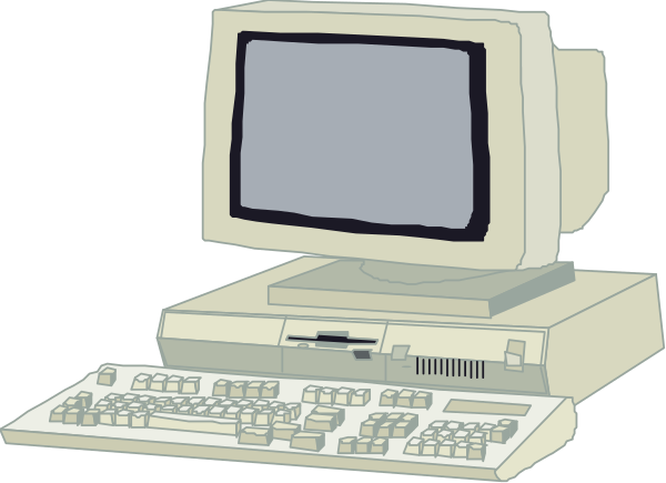 The image shows an old computer with a monitor displaying nothing on it, placed against a plain background.