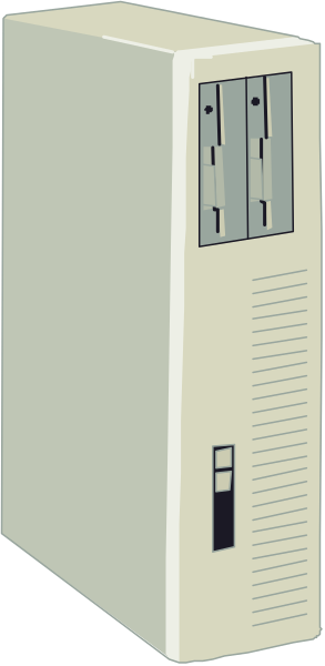 The image shows a beige computer tower with two visible floppy disk drives on its front panel against an indistinct background that does not provide any additional context about location or time period.