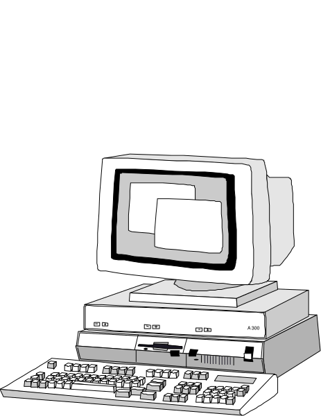 The black and white illustration shows a desktop computer with an old CRT monitor on top of it sitting next to a keyboard in front of what appears to be a blank screen.