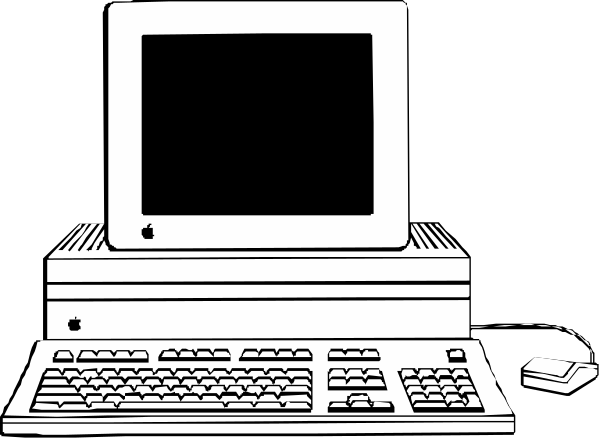 The black and white illustration shows a desktop computer with an old monitor displaying what appears to be text on its screen; it's placed in front of two keyboards that have keys visible above them.