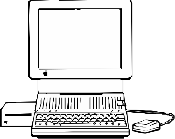 The black and white illustration shows a laptop computer on top of an open box with keyboard keys visible, next to what appears to be external hard drives connected by cables; in front is another cable leading from one device to the other.