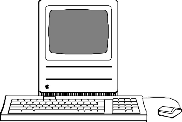 The black and white illustration shows a computer desk with two keyboards on it: an external keyboard to its left side of the image and another one that appears to be part of a laptop in front of which is a monitor, also known as a TV screen or television set; there's no mouse visible.