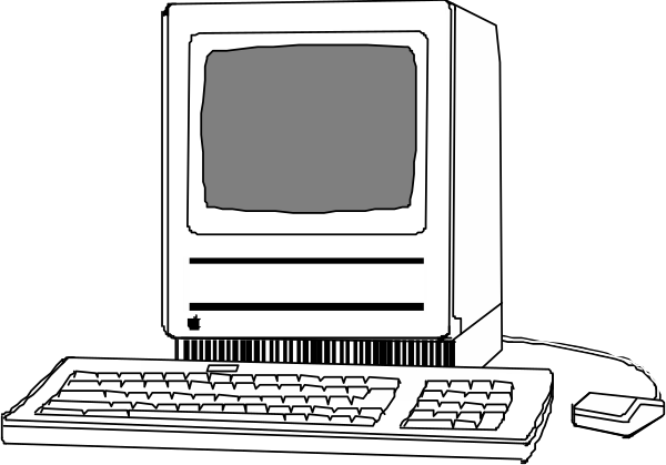 The black and white illustration shows a computer monitor with an old desktop computer on it next to a keyboard.