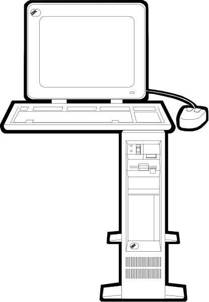 The black and white illustration shows a computer monitor on top of an adjustable stand with keyboard below it to its right side; there is no mouse present in this image.