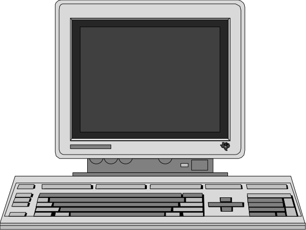 The image shows a computer monitor with an old CRT design on top of what appears to be a desktop PC tower next to it is another smaller screen that resembles a keyboard layout.