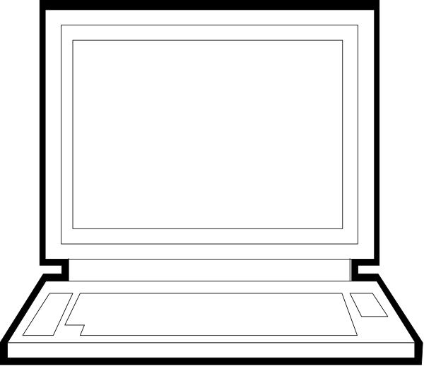 The black and white image shows a laptop computer on top of an open book with its screen facing upwards; there is no text present in this clip-art illustration.