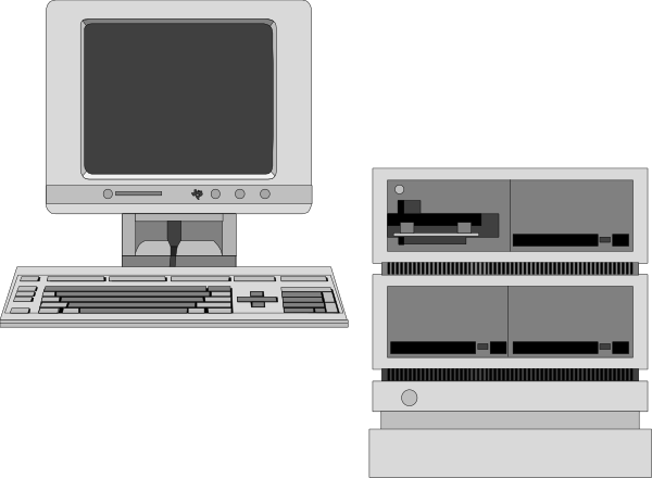 The image shows a computer setup with various components including a monitor, keyboard, mouse, CPU unit on top of it all, two monitors side by side in front of each other, an open laptop to their right and another closed one behind them, both laptops have keyboards attached to the screens.