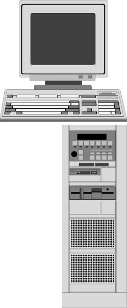 The image shows a computer monitor with an old CRT design on top of what appears to be a desktop tower unit that has various buttons and ports visible in front.