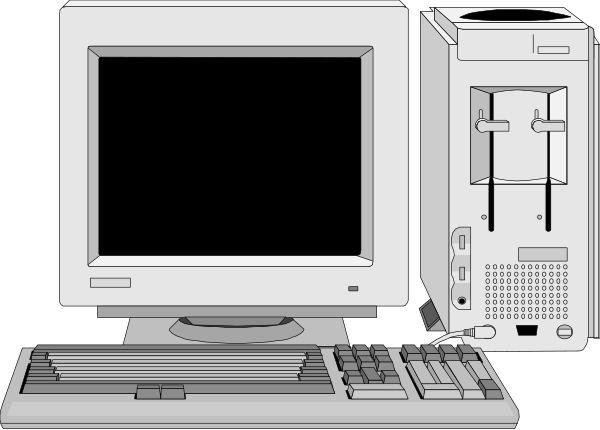 The black and white illustration shows a computer setup with two monitors on stands facing each other, keyboards below them, and a mouse in front of one keyboard; there is also an open book next to it all.