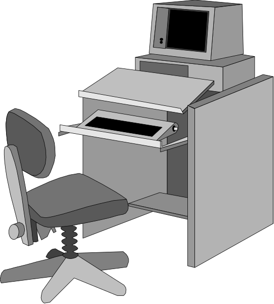 The black and white illustration shows a computer workstation with an open laptop on top of it next to a chair that has wheels for mobility.