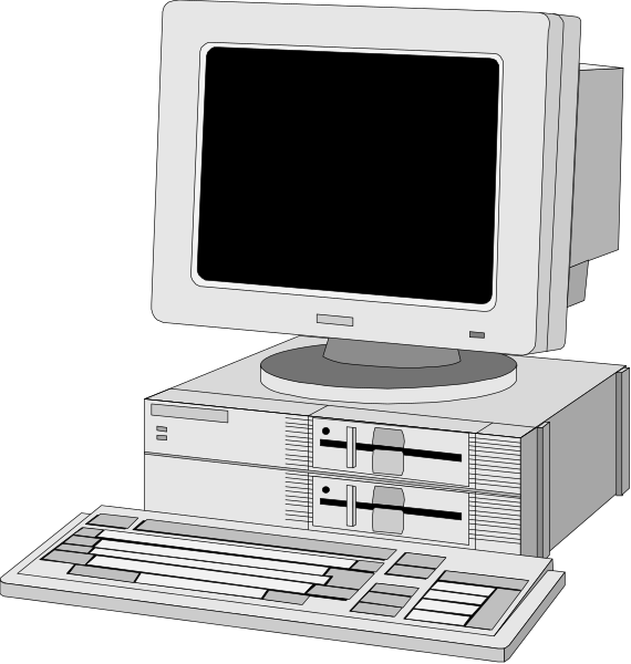 The image shows a desktop computer with its monitor turned off on top of it is an older model CRT displaying nothing but blackness; to the left side there's another smaller clip-art picture showing only two keyboards, one in front and slightly overlapping the other which appears behind them.