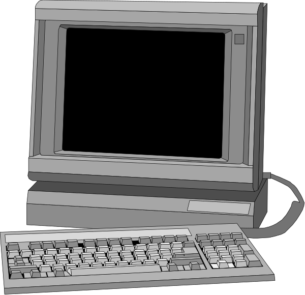 The image shows a desktop computer with its monitor displaying nothing on it, placed next to an older model keyboard labeled "IBM" in white text at bottom right corner of screen; both items sit against black background.
