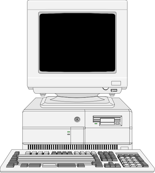 The image shows a desktop computer with its monitor turned off on top of it, sitting next to an open keyboard that has keys visible in front of both devices.