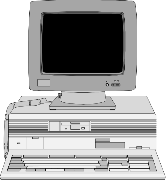 The image shows two different views of a desktop computer: on top, an overhead view with monitor off displaying keyboard and mouse; below it is frontal perspective showing open case revealing internal components like hard drive and motherboard.