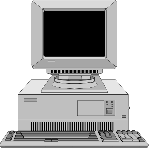 The image shows a desktop computer with its monitor turned off on top of it is an older model printer that appears to be in use next to another similar machine which has no visible screen but seems ready for printing.