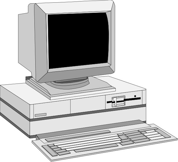 The image shows two computer monitors side by side on a dark background; to their right is an older model desktop PC with its keyboard pulled out from under it.