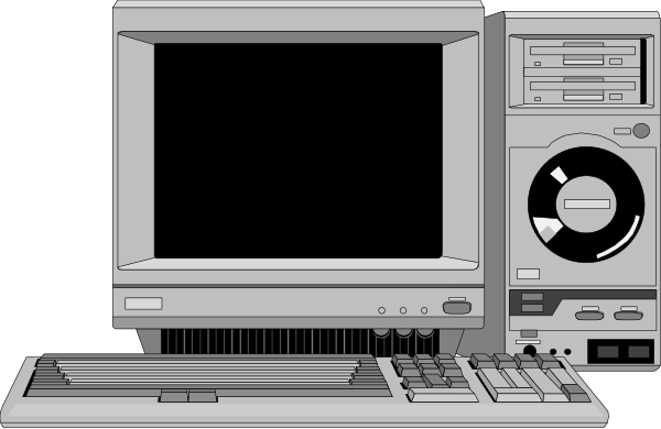 The image shows a computer setup with two monitors on top of each other, flanked by speakers; there is also an optical disc drive to one side.