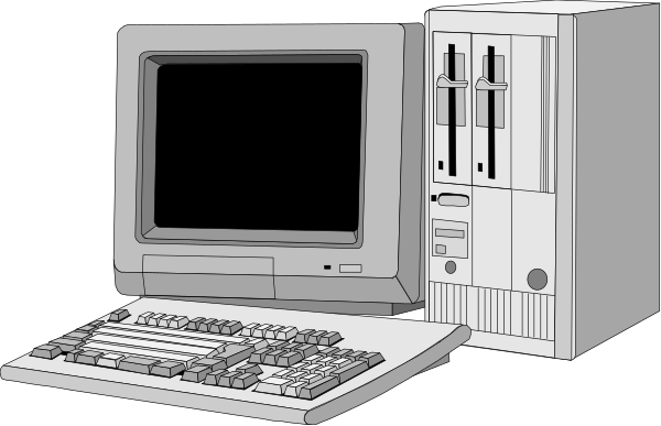 The image shows a desktop computer with its monitor turned off on top of it, placed against a dark background that resembles an office environment.