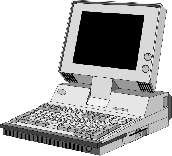 The image shows a vintage desktop computer with an open lid on top of it against a black background.