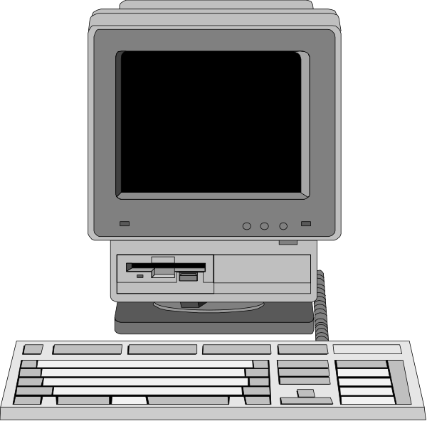 The image shows a desktop computer with an old CRT monitor on top of it, accompanied by a keyboard to its right side.