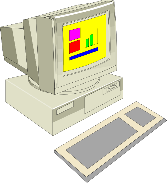 The image shows a computer monitor displaying colorful bar graphs on its screen next to an open laptop with no visible keyboard keys in front of it.