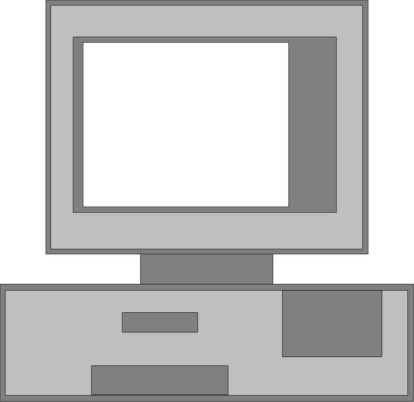 The image shows a computer monitor with an empty screen on top of a desk next to what appears to be a keyboard.