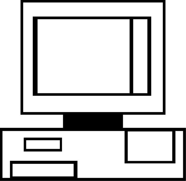 The black and white illustration shows a computer monitor with an open window on top of it displaying what appears to be another smaller image within its frame; below this is a keyboard in front of two rectangular boxes, one larger than the other, resembling shelves or drawers, suggesting that they are part of furniture.