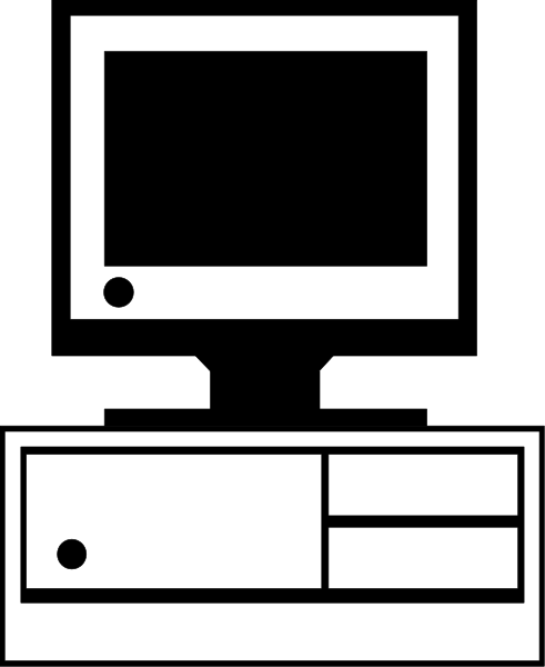 The black and white pixelated representation of a computer monitor with an old CRT design on top of what appears to be another device that resembles a desktop tower below it.