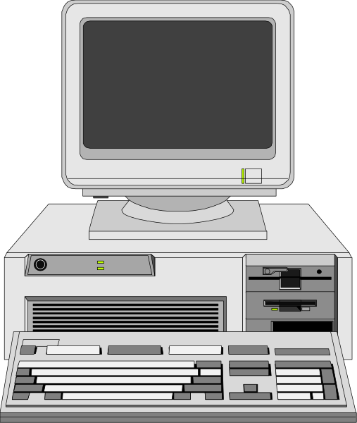 The image shows a desktop computer with its monitor turned off on top of it, sitting next to an open keyboard drawer that is partially pulled out from under the desk surface where two keyboards can be seen.