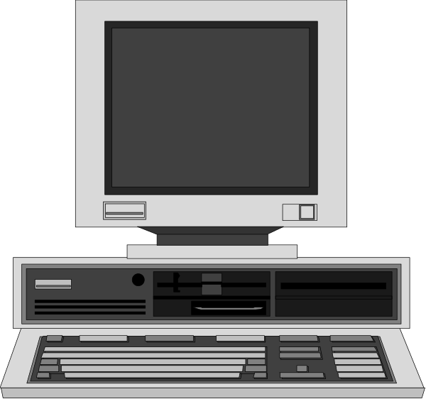 The image shows a desktop computer setup with an old CRT monitor on top of it displaying nothing but blackness; to its right is another older model CPU unit connected by cables that appear worn out due to age and use, suggesting this might be from 1980s or early '90s technology. The keyboard in front has a classic design with multiple function keys on the left side of each row, which was common for IBM keyboards during those times; it's placed directly below the CPU unit as if ready to use. There is no visible text within this image