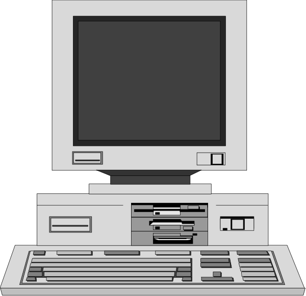The black and white illustration shows a desktop computer with its monitor turned off on top of an open printer that is also connected to it by cables.