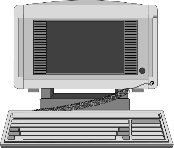 The image shows a computer monitor with an open window on top of it displaying what appears to be text files, sitting next to another closed screen that is part of a desktop unit which includes peripherals like keyboard and mouse below them; all set against a dark background.