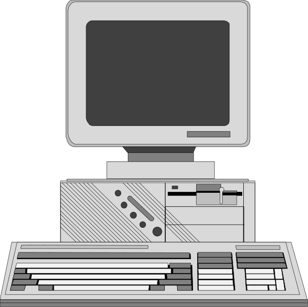 The illustration shows a desktop computer with its monitor turned off on top of what appears to be an older model CPU unit; next to it is a keyboard that has multiple keys labeled "1" through "9," and below them, there's another set of controls or buttons which are not clearly distinguishable.