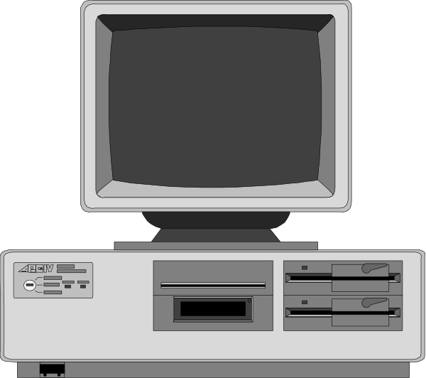 The image shows a computer setup with an old CRT monitor on top of what appears to be a desktop tower unit, accompanied by peripherals such as keyboard and mouse in front of it; there is also another smaller screen displaying some sort of data below the larger one.