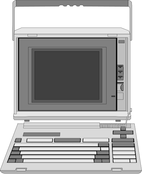 The image shows a laptop computer with its screen open on top of it, placed against a dark background that contrasts with the lighter color of the device itself.