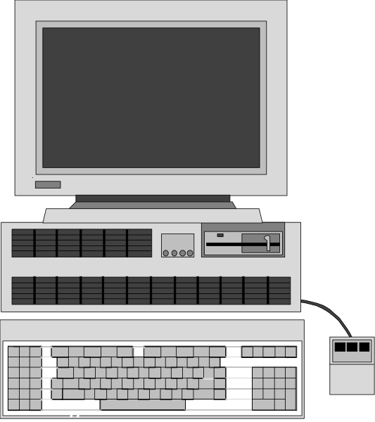 The image shows a desktop computer with its monitor turned off on top of it is an older model keyboard connected to it by cables.