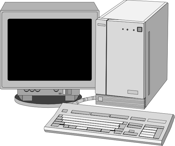 The image shows a desktop computer setup with two monitors on stands next to each other; between them is an older model CPU tower unit. To their right sits another monitor connected by cables that appear to be for peripherals, and below it lies what seems like a keyboard or input device.