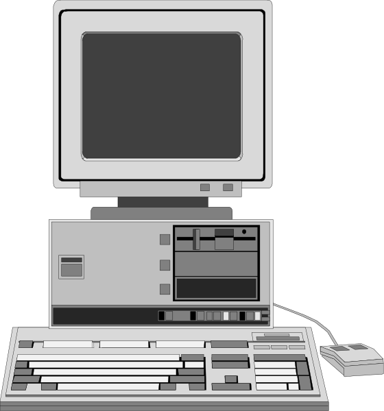 The image shows a desktop computer with an open monitor displaying nothing on its screen, placed next to a keyboard that is partially visible at the bottom of the frame; there's also what appears to be a mouse connected by cable in front of it all.