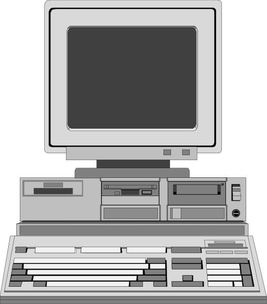The image shows a vintage computer monitor with an old keyboard on top of it against a dark background.