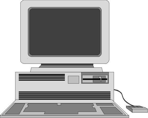 The image shows a computer setup with an open laptop on its side displaying what appears to be a graphical user interface (GUI), connected by cables to another device that resembles a desktop CPU unit, and there is also a mouse next to it all set against a dark background.