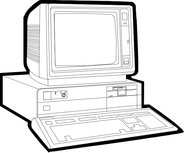 The black and white illustration shows a desktop computer with its monitor turned off next to an older model printer on what appears to be a desk in front of it.