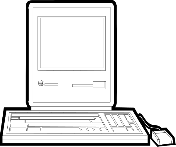The black and white illustration shows a desktop computer with its monitor turned off on top of it is an apple logo; to the right sits a keyboard in front of which rests a mouse connected by wire.